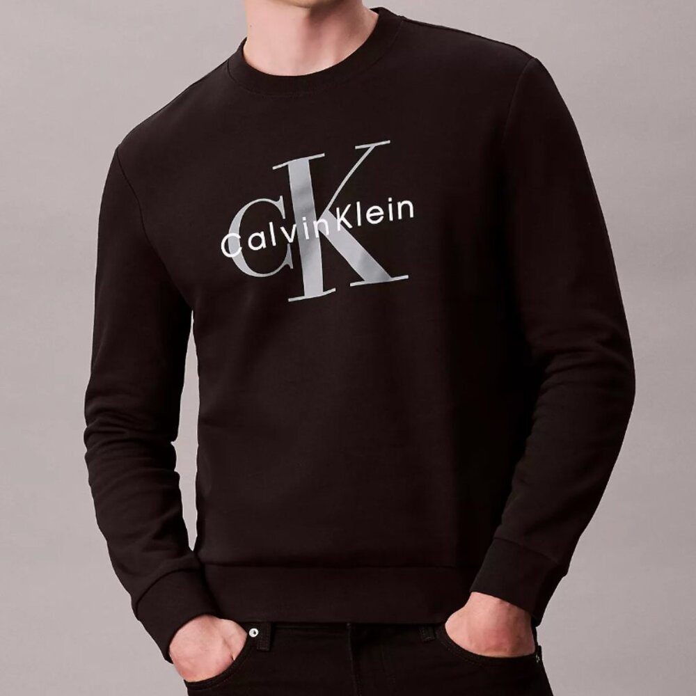 Calvin Klein Mens Monologo Fleece Crewneck Sweatshirt, Black, Large, EUC